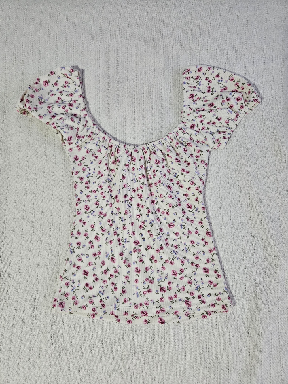 Floral Puff-Sleeve Milkmaid Ribbed Top